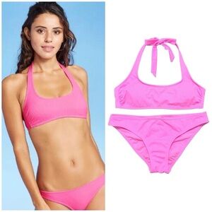 Xhilaration Ribbed Halter Bralette Bikini Set in Punk Size Large